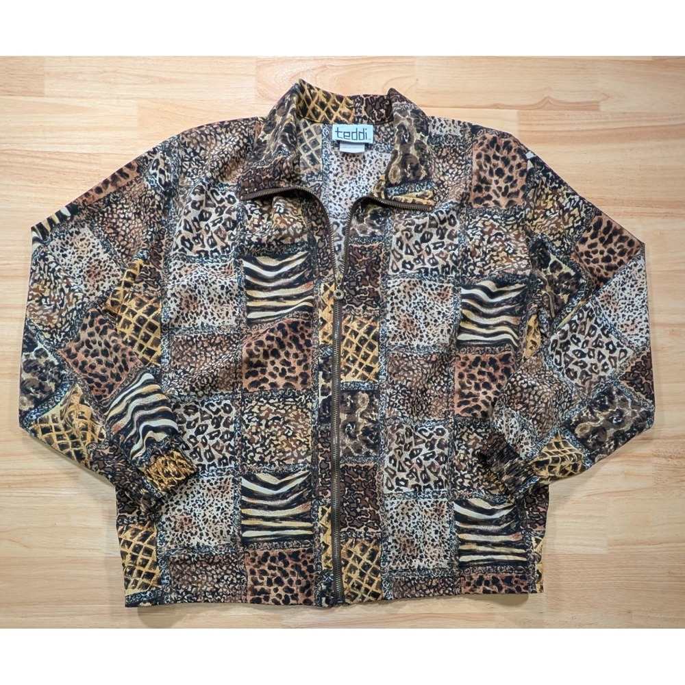 Teddi Vintage Animal Print Patchwork Zip Up Jacket Brown Leopard Zebra Medium